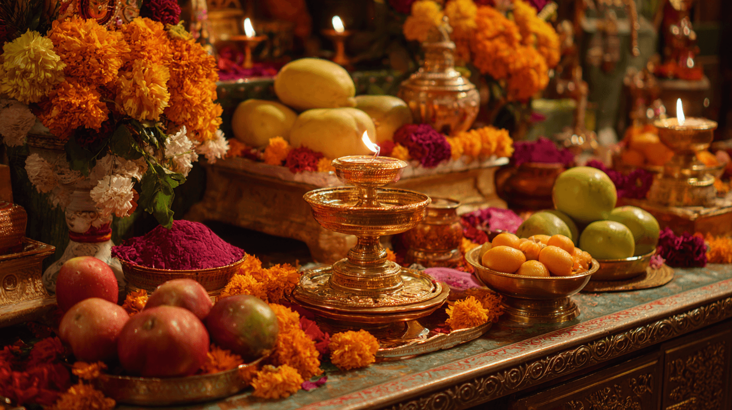 A beautiful altar decorated with marigold flowers, a glowing brass diya lamp, and offerings of fruit for the Navaratri festival.